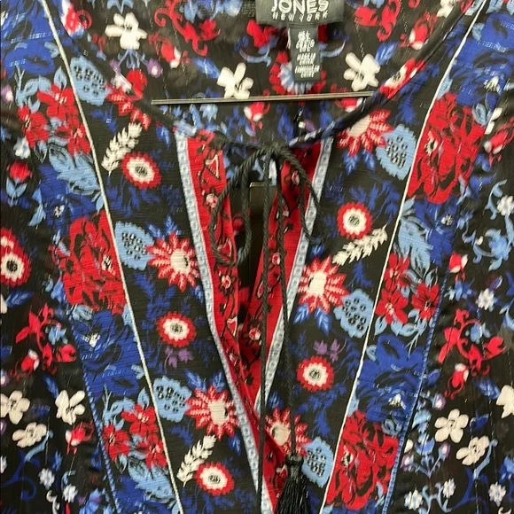 Jones New York Blue and‎ Red Graphic Tie Front Blouse - Picture 3 of 8